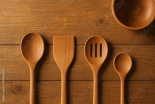 Wooden kitchen utensils laid out on a rustic wooden surface
