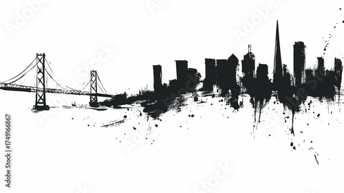 San Francisco skyline illustrated in expressive black ink brush grunge art