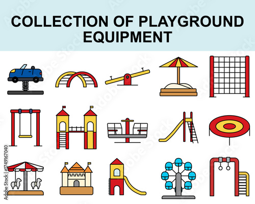 Colorful collection of playground and amusement park equipment icons. A linear icon set featuring a slide, swing, seesaw, carousel, and Ferris wheel for kids' fun and recreation