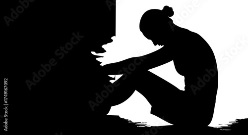 Cuadro en lienzo Silhouette of a woman sitting in despair, conveying sadness, loneliness, and men