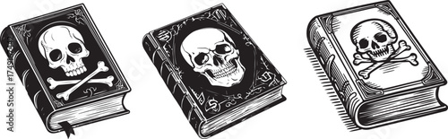 Three antique books with skull and crossbones symbols embossed on their covers in a vintage style. vector