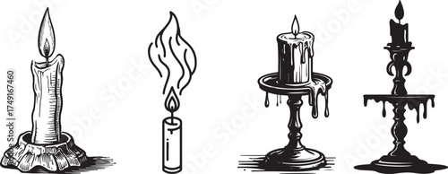 Vintage candle collection set with elegant holders and flickering flames in artistic sketch style vector