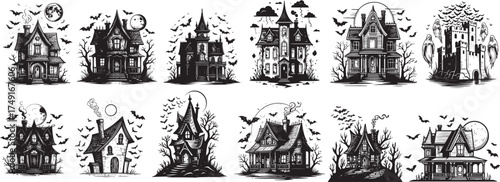 Collection of spooky haunted houses with bats and silhouettes for halloween decorations and designs vector