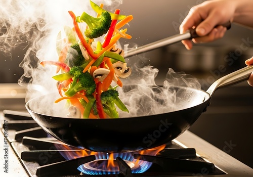 Stir-fried vegetables being cooked in a wok with steam above burner
