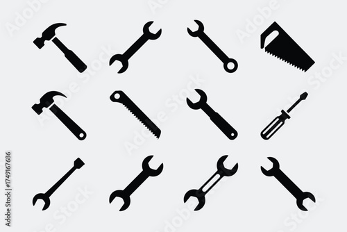 Vector set of 16 black and white scalable tool icons for eps format silhouette
