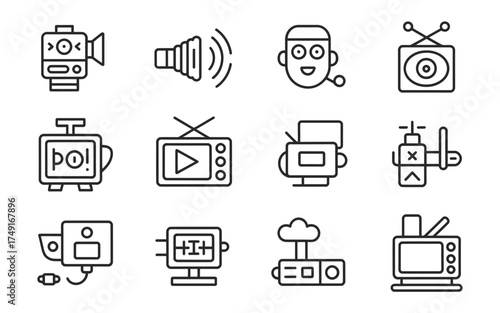 Collection of vintage technology icons scalable vector graphics for media and retro design projects silhouette