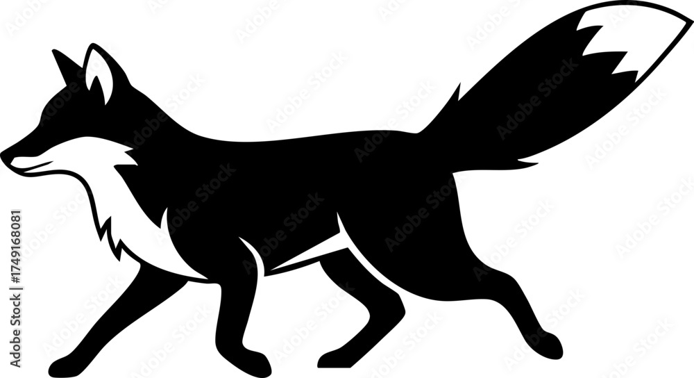 Fototapeta premium Sleek black fox silhouette strides with purpose, embodying wild grace and cunning intelligence for modern nature or abstract designs