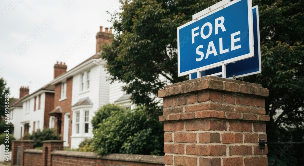 Obraz premium House For Sale Brick post w/ blue sign in front of residential properties