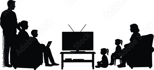 Family watching television together at home, parents and children silhouette, living room entertainment, TV night, family bonding, leisure time