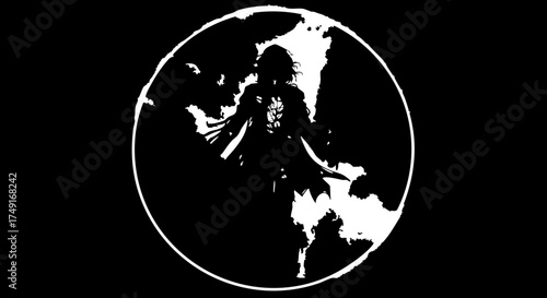 Tableau sur toile Dynamic silhouette of a person with outstretched arms within a stark white globe, symbolizing global connection and boundless potential