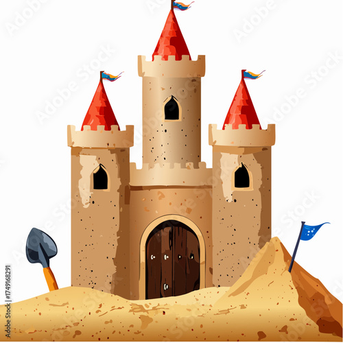 Magnificent sandcastle creation on a sunny beach, evoking joyful childhood memories and endless summer fun at the seaside