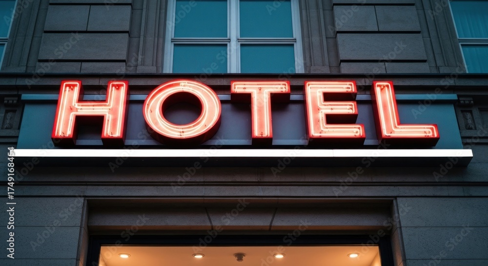 Obraz premium Hotel sign illuminated at dusk