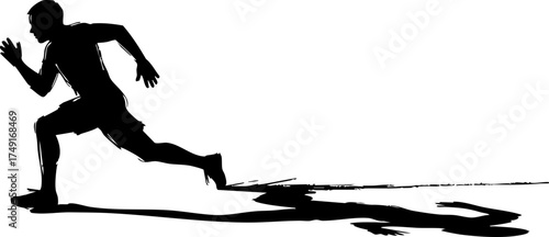 Dynamic silhouette of a determined runner mid stride, conveying speed, power, and athletic pursuit with a bold shadow