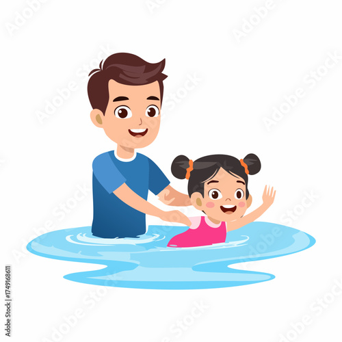 Happy young father teaching his cute little daughter how to swim in a swimming pool