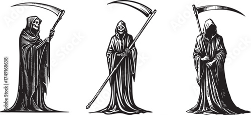 Three grim reaper figures in classic pose holding scythes isolated on vector