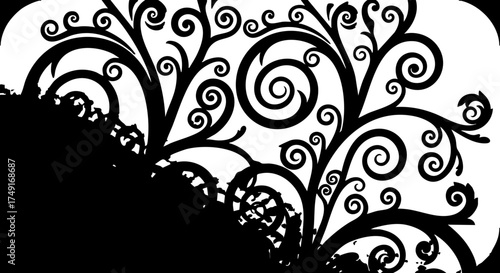 Elegant black floral vine swirl pattern design element, classic ornate decorative flourish for sophisticated projects and artistic applications