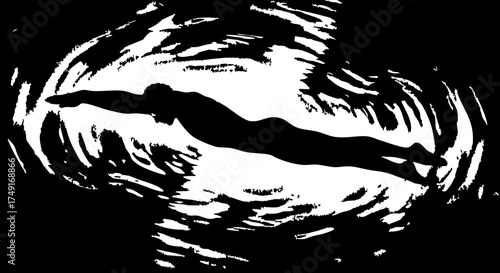 Dynamic silhouette of a swimmer gliding through abstract water creating a powerful sense of motion and athletic achievement