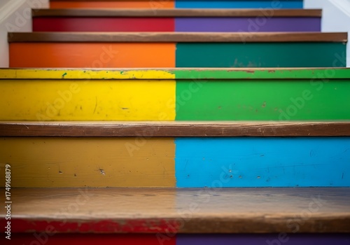 Vibrant spectrum stairwell staircase showcasing a creative and colorful interior design choice expressing artistic flair