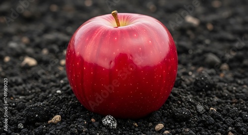 Vivid red apple resting against dark granular substrate contrast shot