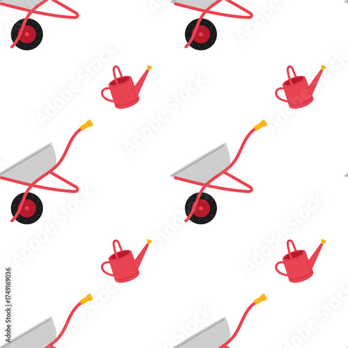 Gardening tools pattern with wheelbarrow and watering can on a white background