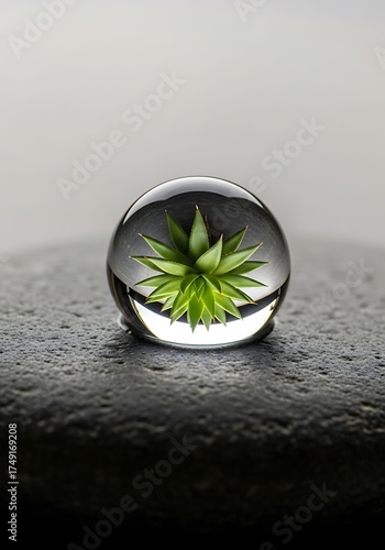 Water Droplet Reflection of a Succulent Plant on a Textured Stone
