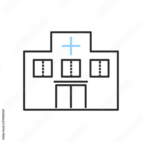  Hospital Building Icon with Blue Cross Symbol – Simple and Minimal Vector Illustration, line art, monoline