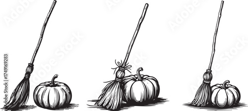 Whimsical halloween witch brooms and pumpkins hand drawn sketch on vector