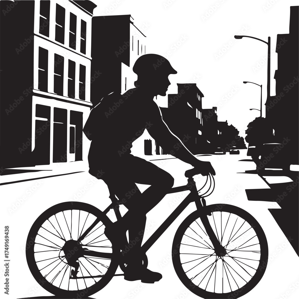 Fototapeta premium A silhouette of person biking in urban street, active lifestyle