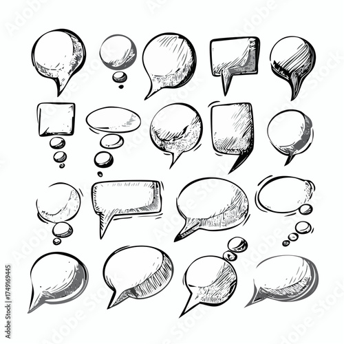 Hand-drawn speech bubbles and thought clouds, a collection of communication symbols