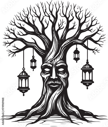 Mysterious face carved into ancient tree trunk adorned with hanging lanterns symbolizing wisdom and enchantment vector