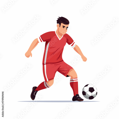 Dynamic male soccer player in a vibrant red uniform skillfully dribbling the ball during a spirited game, embodying athleticism and competition