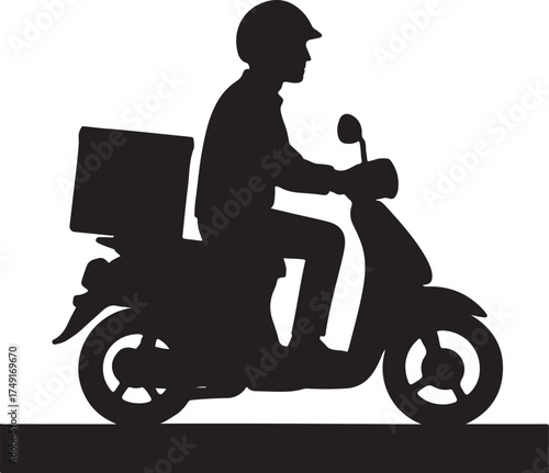 A silhouette of delivery person on motorbike, city job theme
