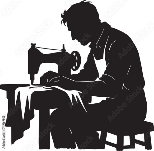A silhouette of tailor sewing fabric on machine, craftsman style