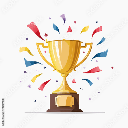 Glorious golden championship trophy surrounded by an explosion of festive confetti, representing ultimate victory and distinguished achievement