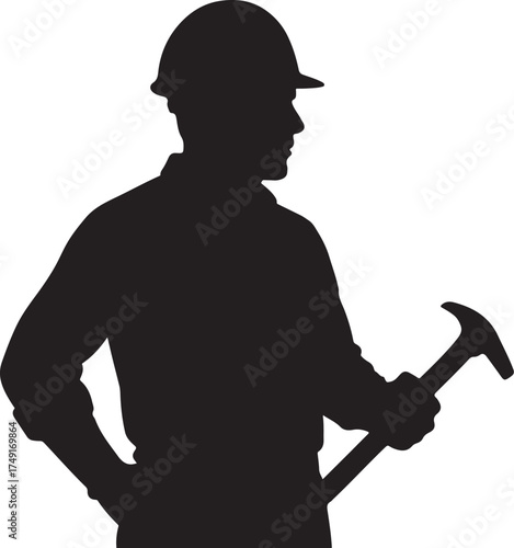 A silhouette of construction worker with helmet, black vector