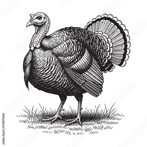 Turkey Bird, a Hand-Drawn Sketch Detailed in a Vintage Engraving Style