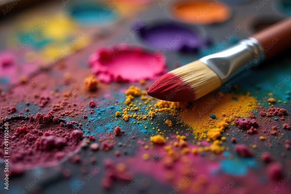 Obraz premium Vibrant Paintbrushes and Mixed Colors on Artists Palette Ready for Painting
