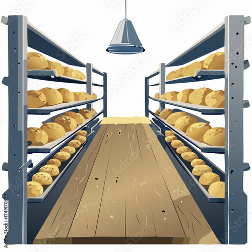 Rows of Freshly Baked Bread on Shelves in a Bakery
