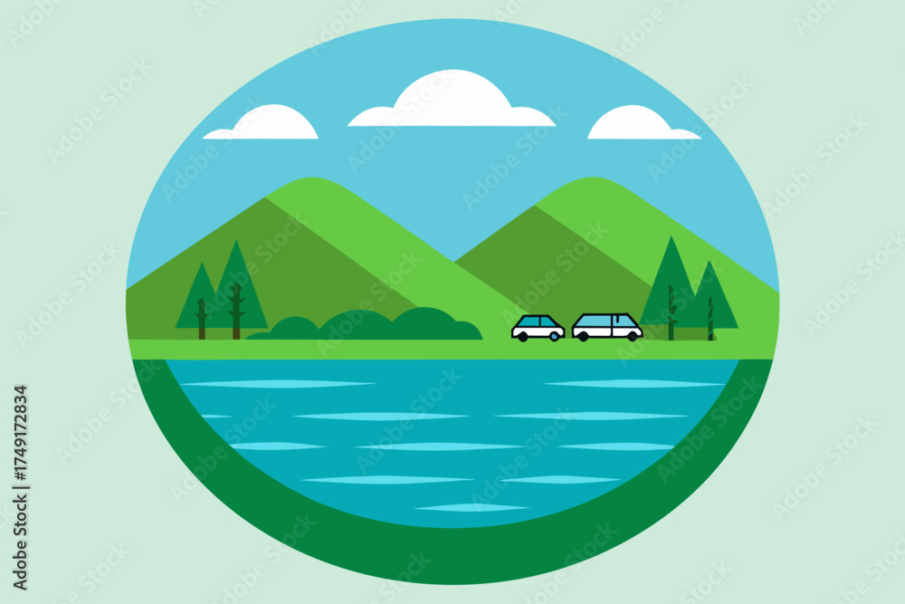 Fototapeta premium Flat design illustration of a serene landscape with mountains lake trees and cars