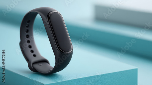 Black smartwatch on blue geometric background