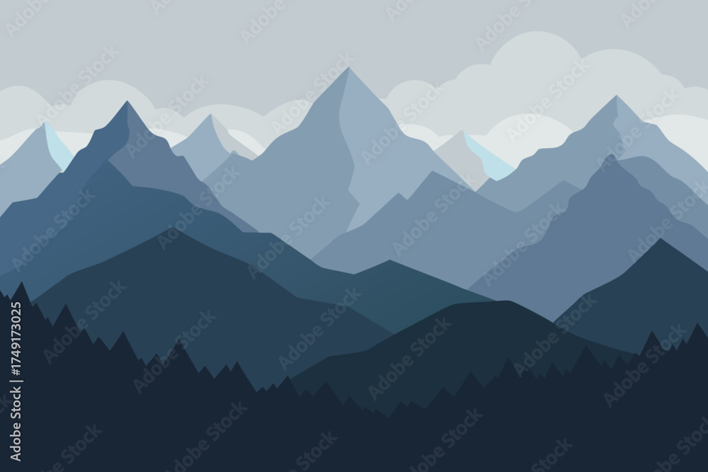 Naklejka premium Serene mountain range landscape with layered blue peaks and cloudy sky