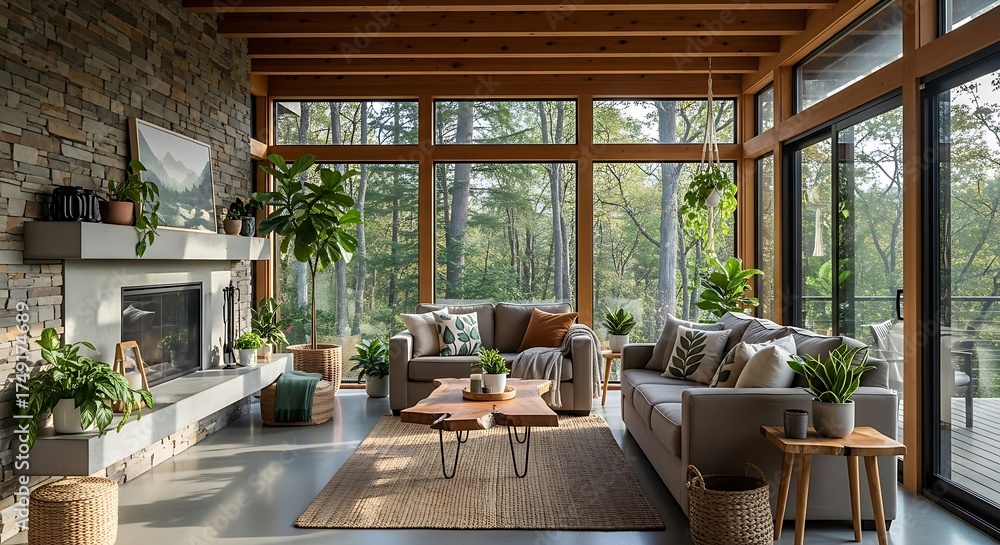 Fototapeta premium Tranquil living space blends with nature through expansive window view