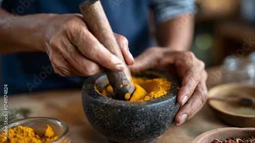 A hands-on approach showcases a skilled cook grinding vibrant turmeric in a stone mortar illustrating traditional culinary practices and the preparation of flavorful dishes.
