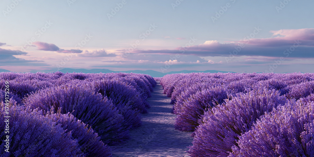 Obraz premium Lavender field rows in blooming purple landscape with serene sky background - AI generated