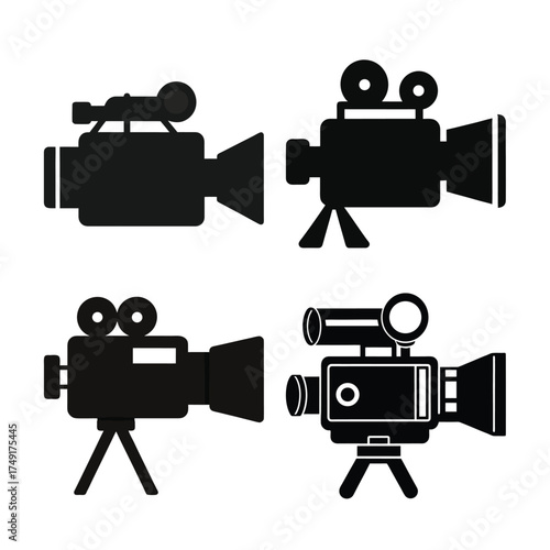 Collection of four vintage and modern film cameras silhouettes on a white background