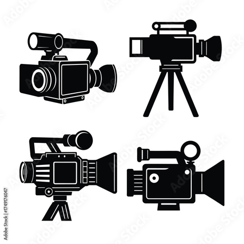 Collection of four silhouette style vintage and modern video cameras on tripods