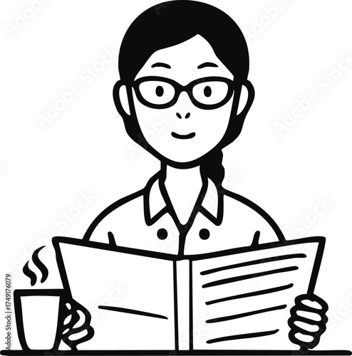 A woman wearing glasses, reading a newspaper, with a coffee cup.