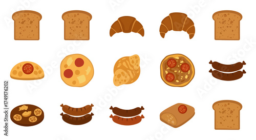 Assortment of Baked Goods - Bread, Croissants, Focaccia, and Sausages.