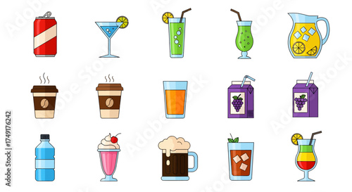 Assortment of Colorful Cartoon Drinks and Beverages Illustrations.