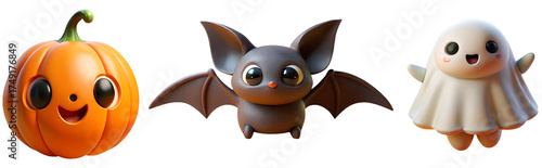 Halloween-themed: 3D plastic toys set, cute, cartoon-style pumpkin, bat, ghost on a transparent background.